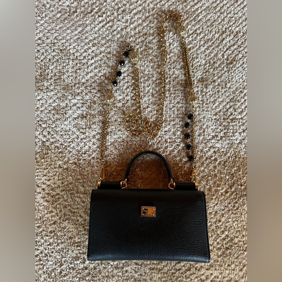 DOLCE & GABBANA Black Leather Miss Sicily Von Embellished Wallet On Chain - Picture 4 of 7
